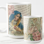 Taza De Café Santísima Virgen María Vintage Rosario Marian<br><div class="desc">La Virgen María Coffee Mug, de bonito diseño, presenta una impresionante imagen de la Santísima Virgen María sosteniendo su corazón inmaculado, rodeada de suaves acentos florales. En el reverso, un ángel elegante se representa en un estilo vintage, con oraciones. Esta taza es perfecta para empezar el día con un recordatorio...</div>