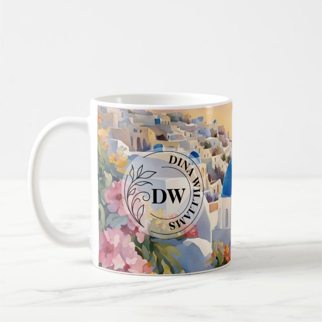 Taza De Café Santorini Watercolor Art & Monogram Mug (Izquierda)