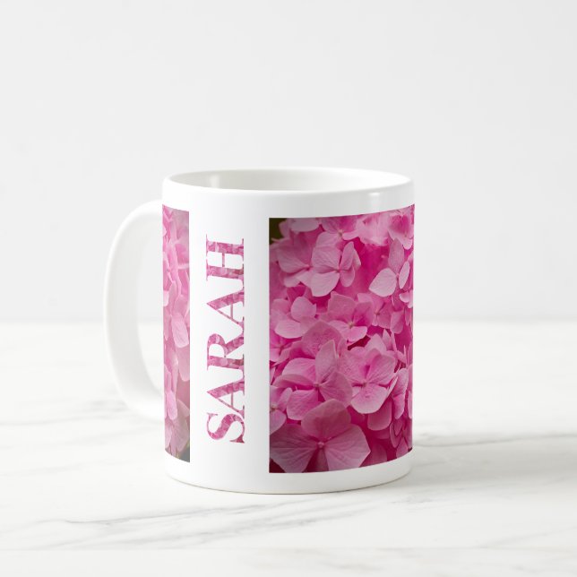 Taza De Café "Sarah" Primavera Rosa Hydrangea Floral Letras (Anverso izquierdo)