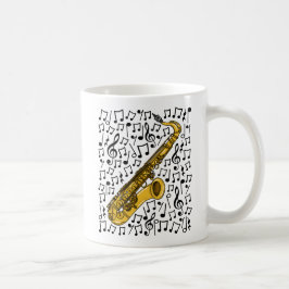 Taza De Café Saxofón Con Notas Musicales, Músico Saxofonista