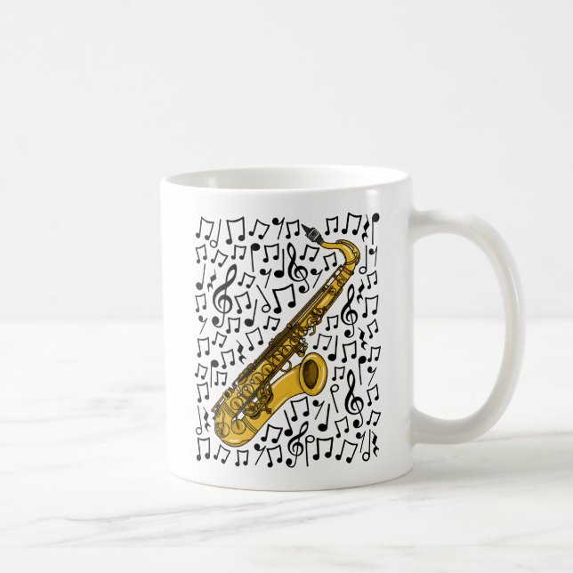 Taza De Café Saxofón Con Notas Musicales, Músico Saxofonista (Derecha)