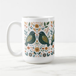 Taza De Café Scandinavian Folk Art Birds and Floral Pattern Mug