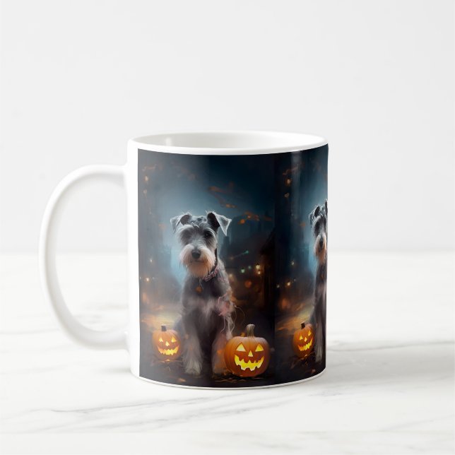Taza De Café Schnauzer de Halloween con calabazas aterradoras (Izquierda)