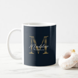 Taza De Café Script Chic metálico azul marino monograma dorado