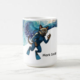 Taza De Café Scuba Cat Diving Blue Wet Suit with your name