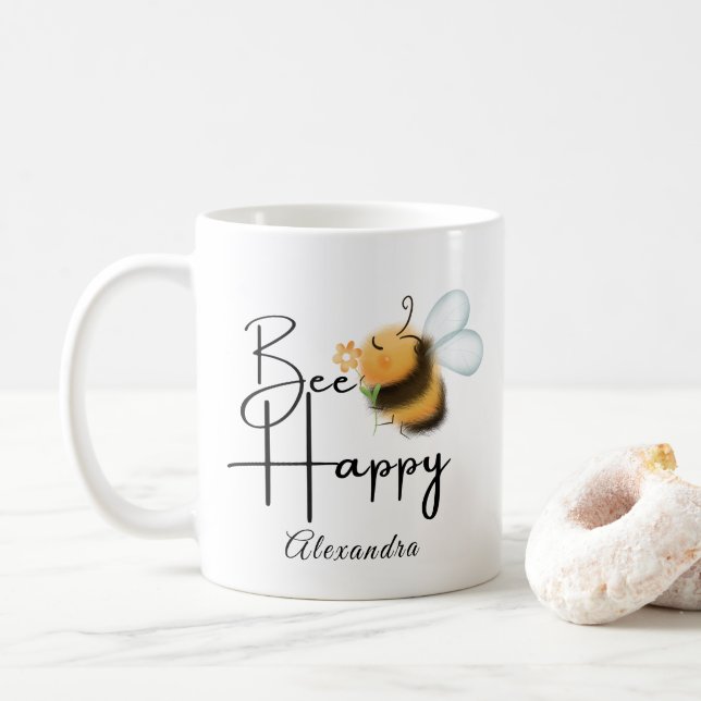 Taza De Café Sé feliz personalizado abeja Cutom (Con donut)