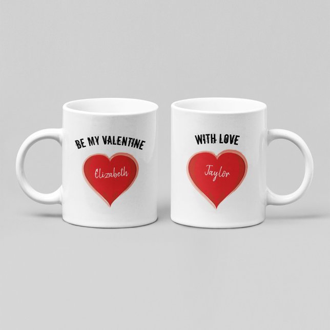 Taza De Café Sé Mi San Valentín Corazón con Nombre Personalizad (Personalized Valentine mug with red heart and custom names romantic couple gift design.)