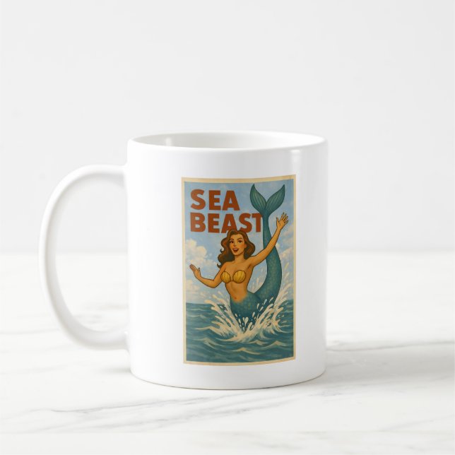 Taza De Café Sea Beast Retro Mermaid | Funny Coastal Beach Life (Izquierda)
