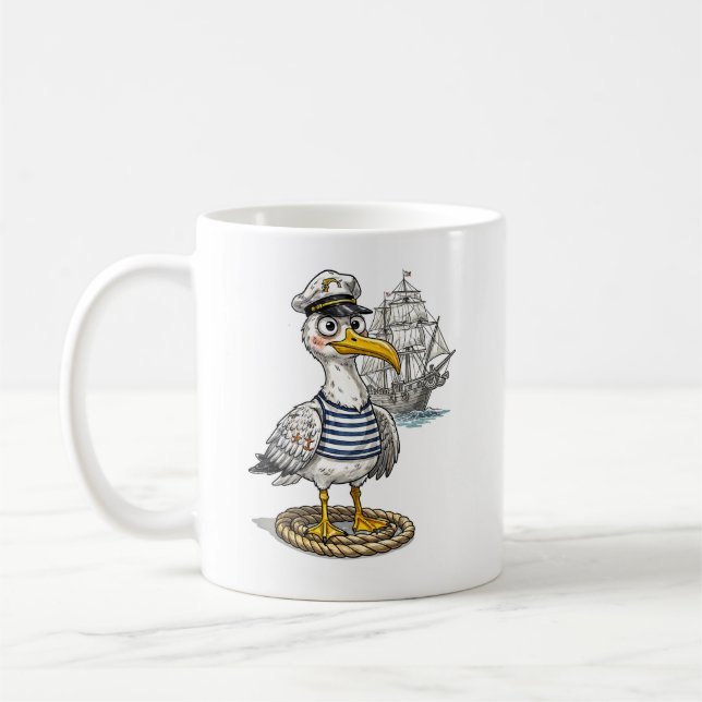 Taza De Café Seagull Sailor with Rope and Ship Background (Izquierda)