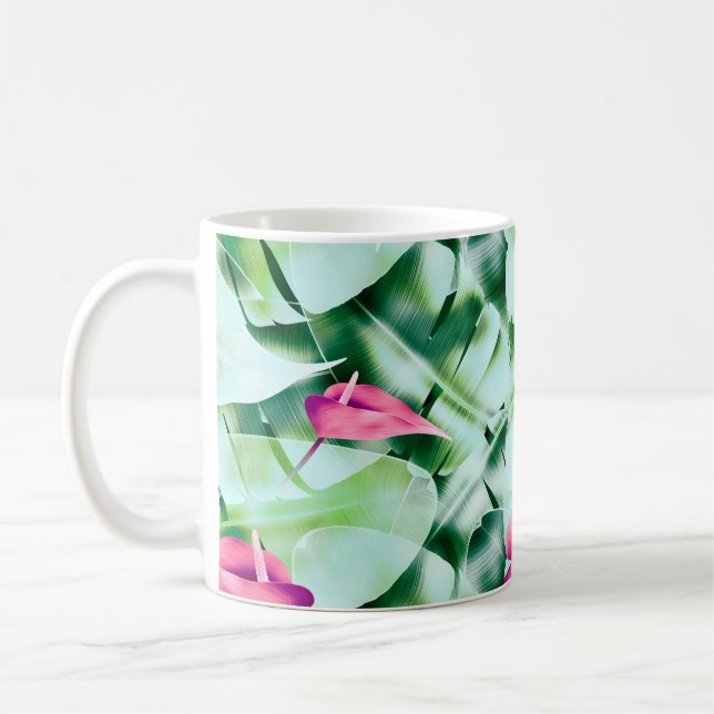 Taza De Café Seamless tropical leaves pattern background, retro (Izquierda)
