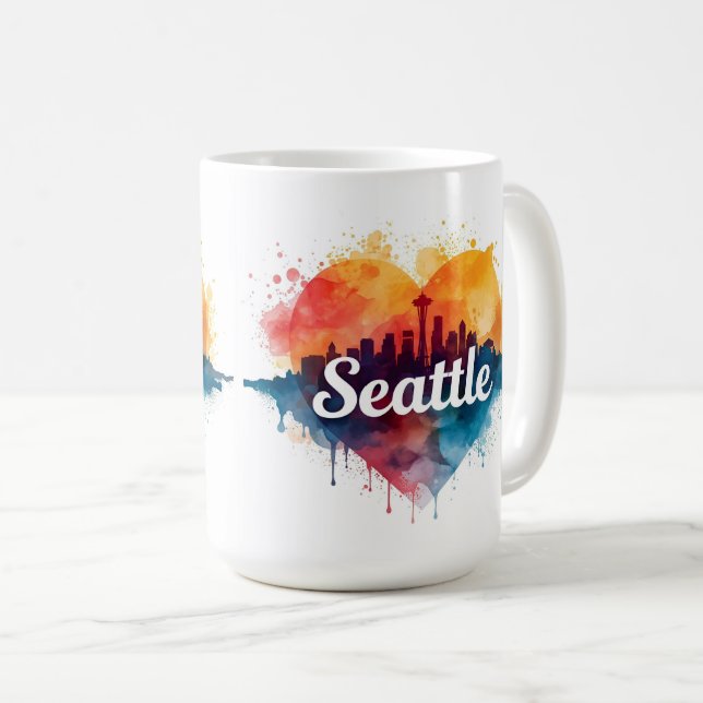 Taza De Café Seattle acuarela del horizonte (Anverso derecho)