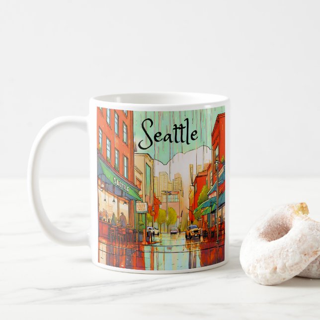 Taza De Café Seattle en la lluvia (Con donut)