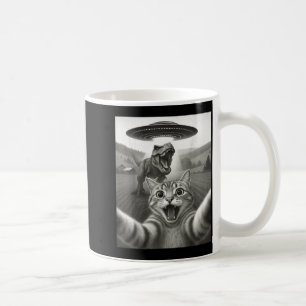 Taza De Café Selfie de gato con ovni alienígena y divertido din