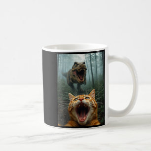 Taza De Café Selfie de gato naranja con T-Rex dinosaurio divert