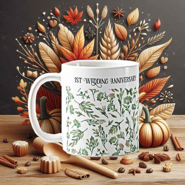 Taza De Café Selva primaveral deja flores silvestres en anivers (Spring Forest Leaves Wild flowers Cute Anniversary Coffee Mug)