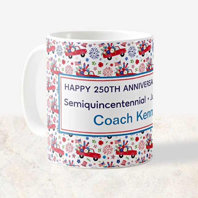 Taza De Café Semiquincentennial Red Trucks Whimsical Patriotic (Subido por el creador)