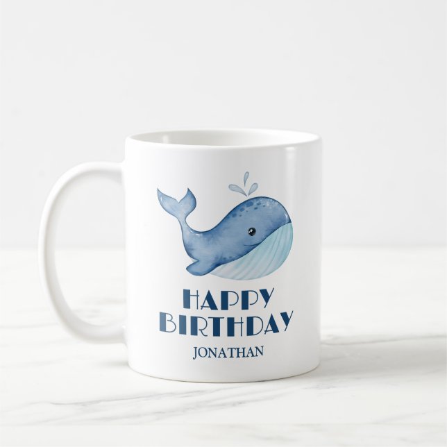 Taza De Café Sencilla ballena azul mar feliz cumpleaños (Izquierda)