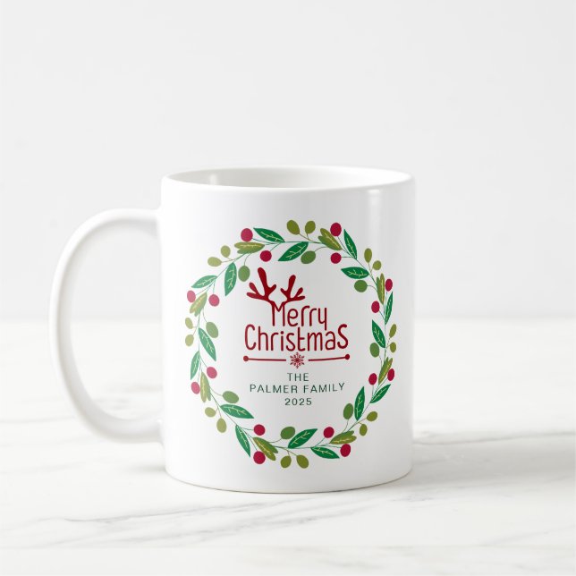 Taza De Café Sencillos Navidades florales elegantes Wreath Nomb (Izquierda)