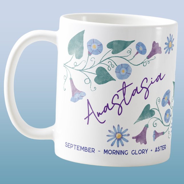Taza De Café September Birth Flower Custom Name Morning Glory (September birth month flower personalized custom name morning glory aster coffee mug gift)