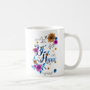 Taza De Café Ser feliz cita positiva Flores de oro moradas azul