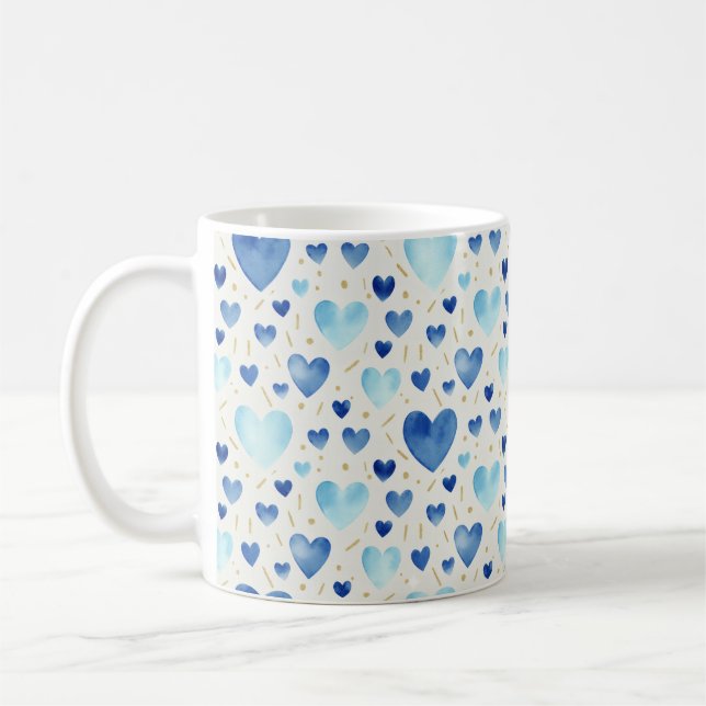 Taza De Café Serene Azure & Gold Watercolor Hearts (Izquierda)