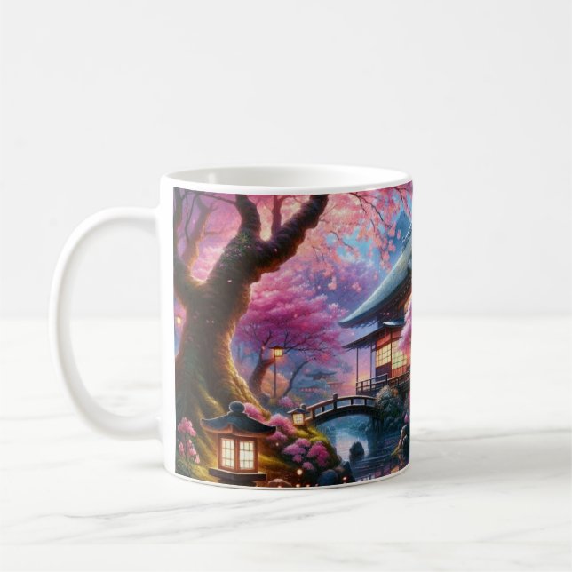 Taza De Café Serene Jardín Japonés en Pintura de Crepúsculo (Izquierda)