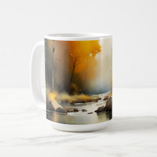 Taza De Café Serene vibrante pintura del paisaje del río Otoño