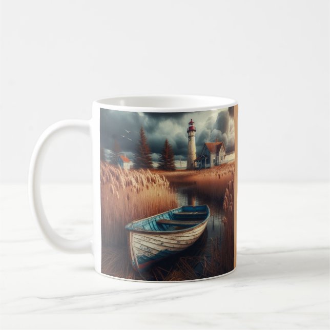 Taza De Café Serenidad costera: Faro y bote de remos (Izquierda)