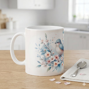 Taza De Café Serenidad de Acuarela Flor de Bluebird