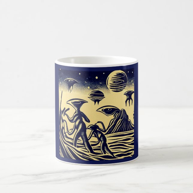 Taza De Café SF - Extranjeros En Un Extraño Planeta Woodcut 1 (Centro)