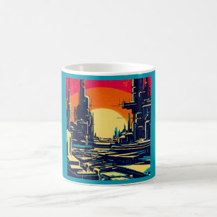Taza De Café SF Futurista City Woodcut 1