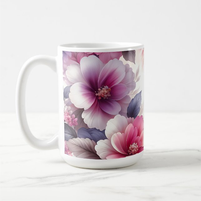 Taza De Café Shabby Chic con flores rosadas y moradas de bonito (Izquierda)