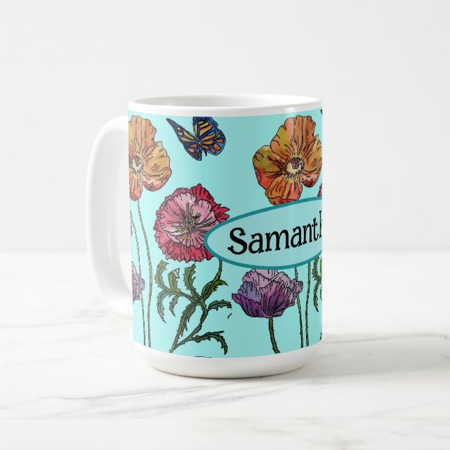 Taza De Café Shabby Poppy Púrpura Roja en nombre de Personaliza (Anverso izquierdo)