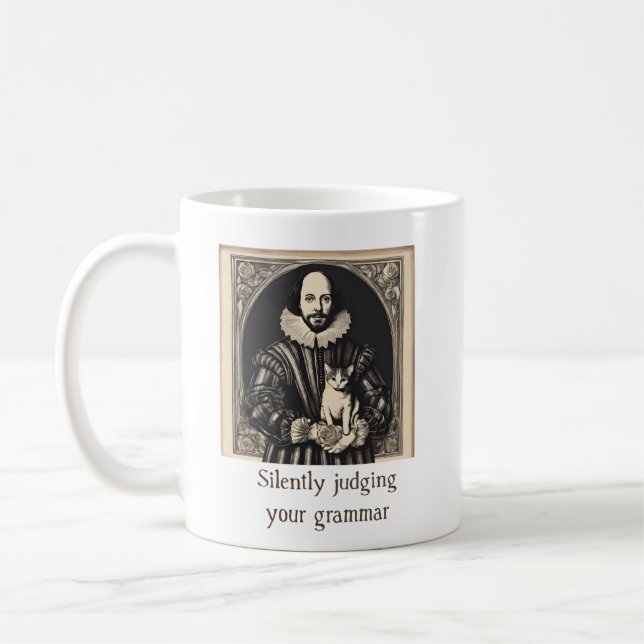 Taza De Café Shakespeare y Cat juzgando silenciosamente la gram (Izquierda)