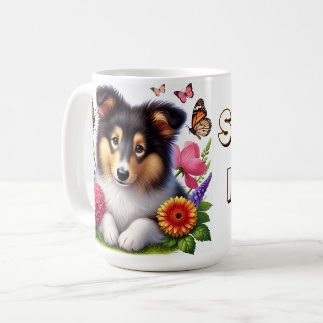Taza De Café Sheepdog de Shetland con flores y mariposas (Anverso izquierdo)
