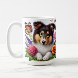 Taza De Café Sheepdog de Shetland con flores y mariposas