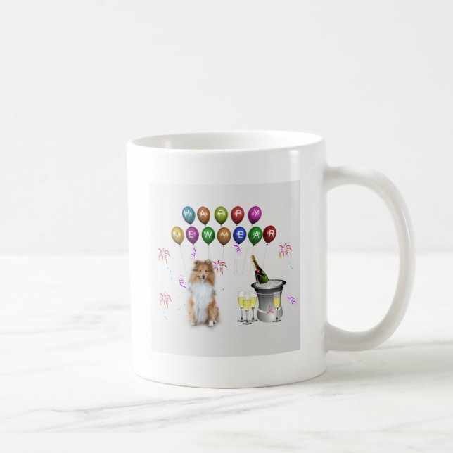 Taza De Café Sheltie Dog Feliz Año Nuevo (Derecha)