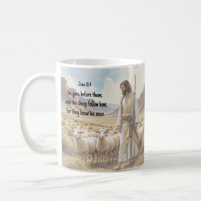 Taza De Café Shepherd goes before them Bible Scripture (Izquierda)