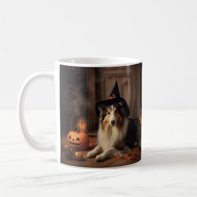 Taza De Café Shetland Sheepdog Pumpkins Halloween Scary (Izquierda)