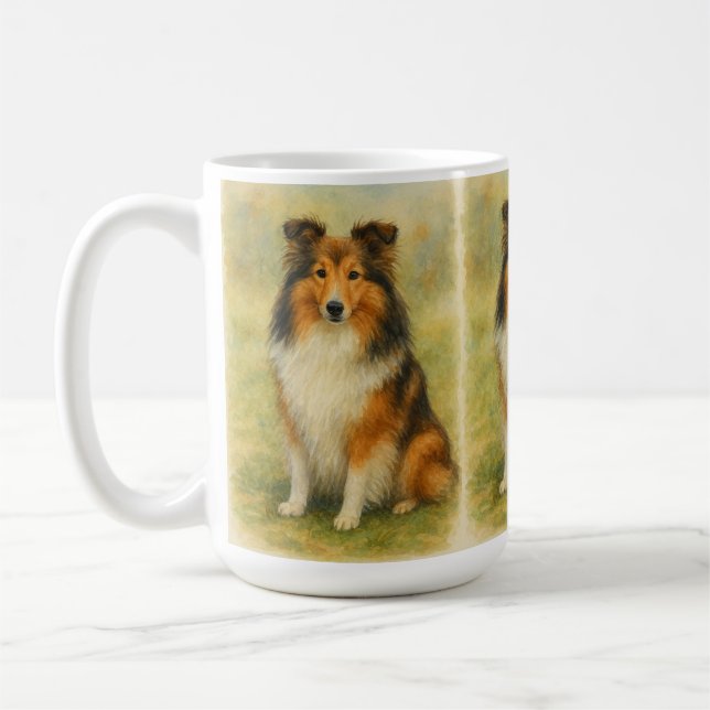 Taza De Café Shetland Sheepdog Sentado Acuarela (Izquierda)