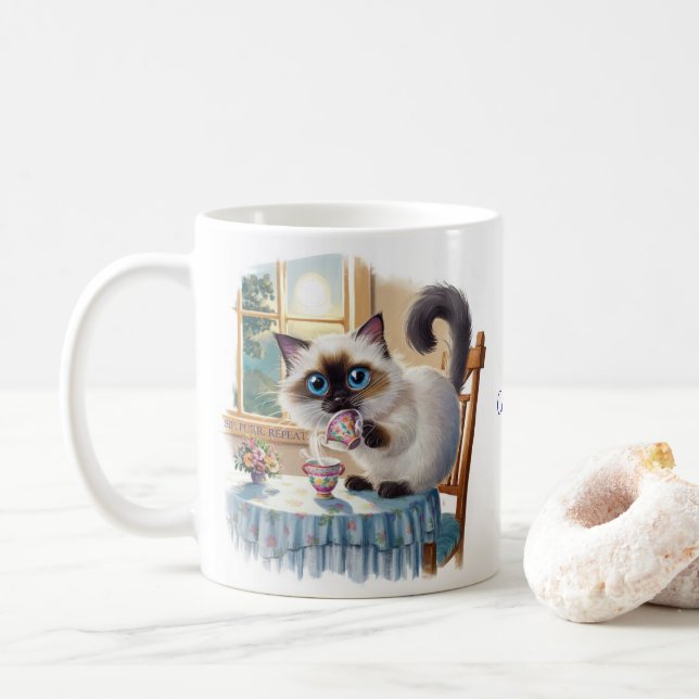 Taza De Café Siamese Cat & Tea Time Mug (Con donut)