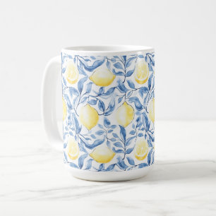 Taza De Café Sicilia Italiano Rústico Hojas Azules Limones 