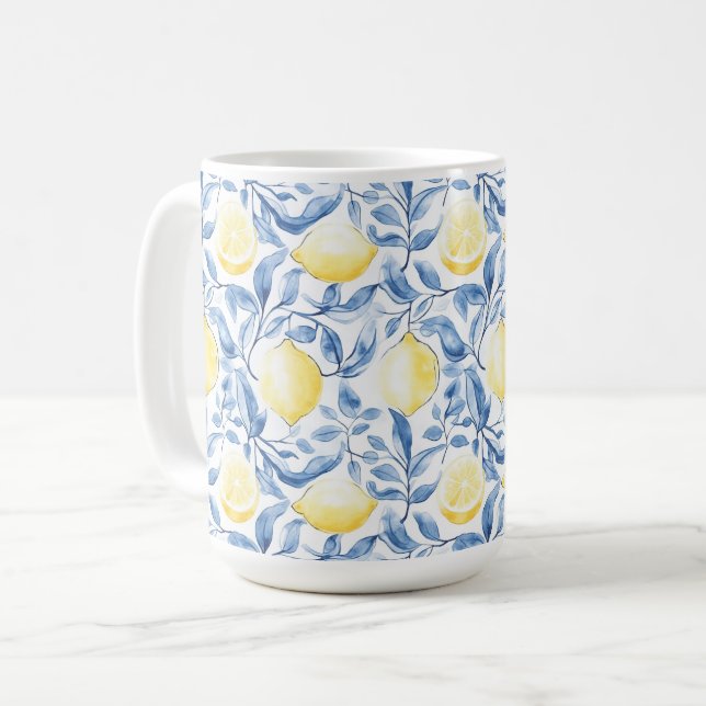 Taza De Café Sicily Italian Rustic Blue Leaves Lemons  (Anverso izquierdo)