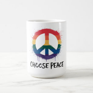 Taza De Café Signo de Paz Arcoíris con Texto "Elige Paz"
