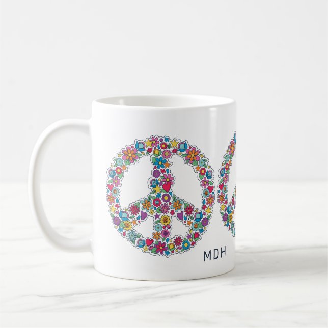 Taza De Café Signo de paz de flor monograma personalizado (Izquierda)