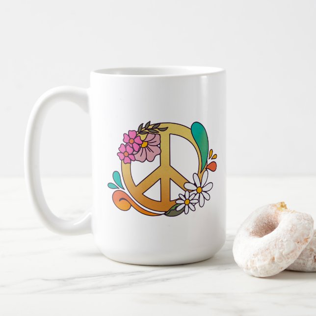 Taza De Café Signo de paz retro de los años 70 15oz Mug (Con donut)