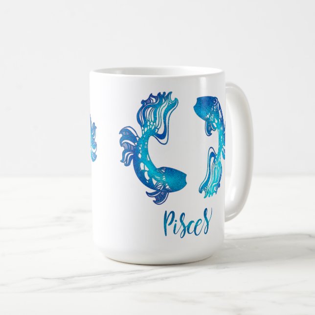 Taza De Café signo zodiacal Piscis pez brillo azul claro (Anverso derecho)