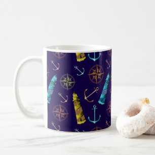 Taza De Café Signos Náuticos Ancla Faro Dorado Brújula
