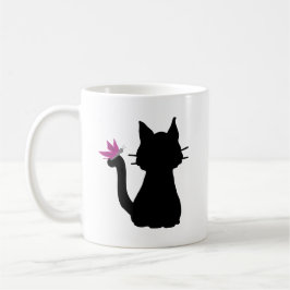 Taza De Café Silhouette de gato negro mariposa rosa