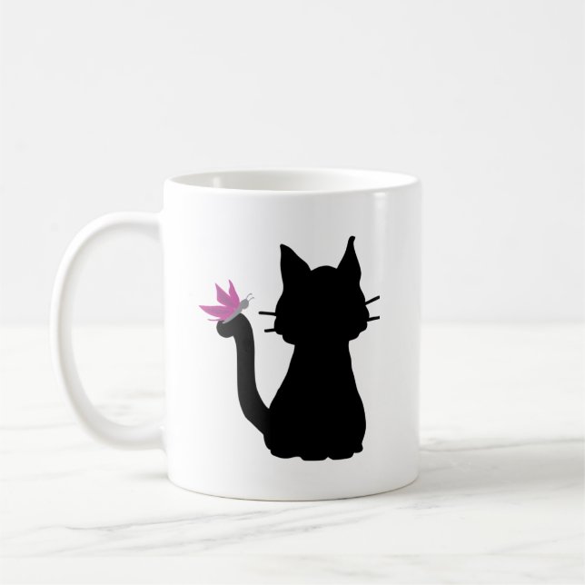Taza De Café Silhouette de gato negro mariposa rosa (Izquierda)